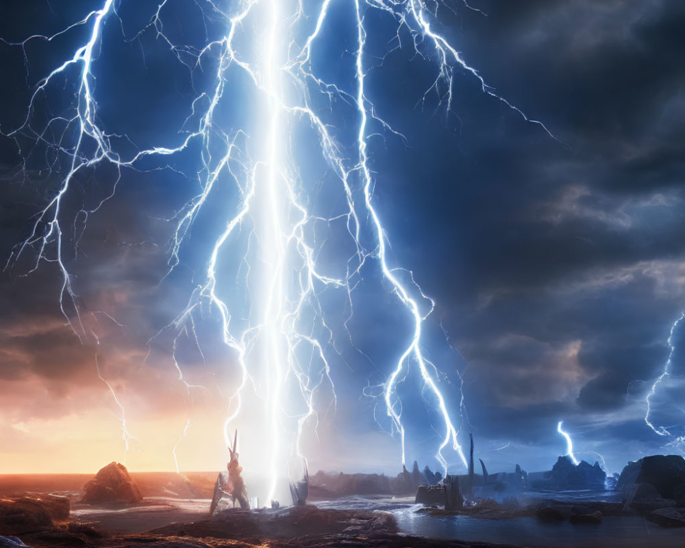 Person on Rocky Beach Observing Intense Lightning Strikes