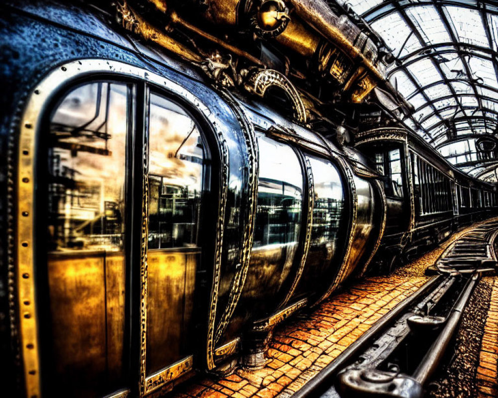 Vintage Train with Golden Hues and Curved Windows Under Arched Glass Ceiling