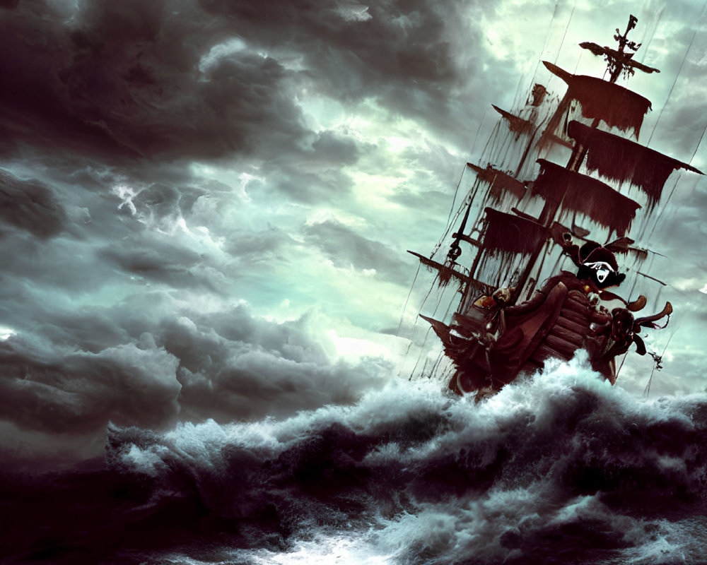 Ghostly pirate ship emerges from stormy seas under dark sky