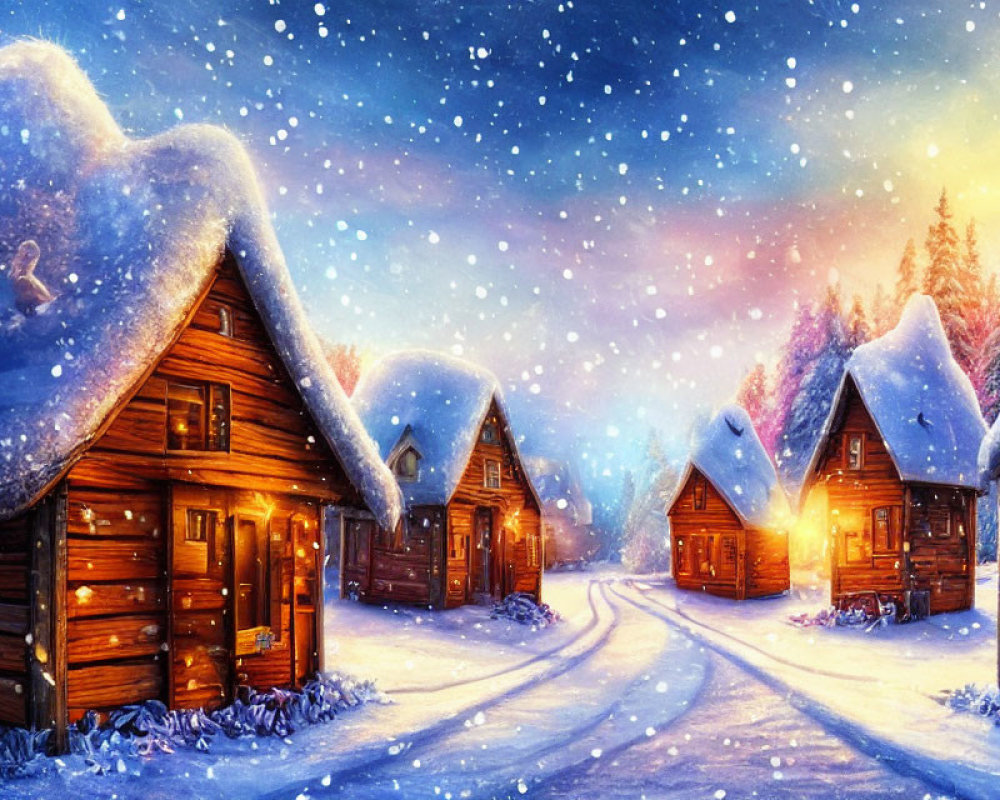 Cozy snow-covered log cabins in twilight winter village