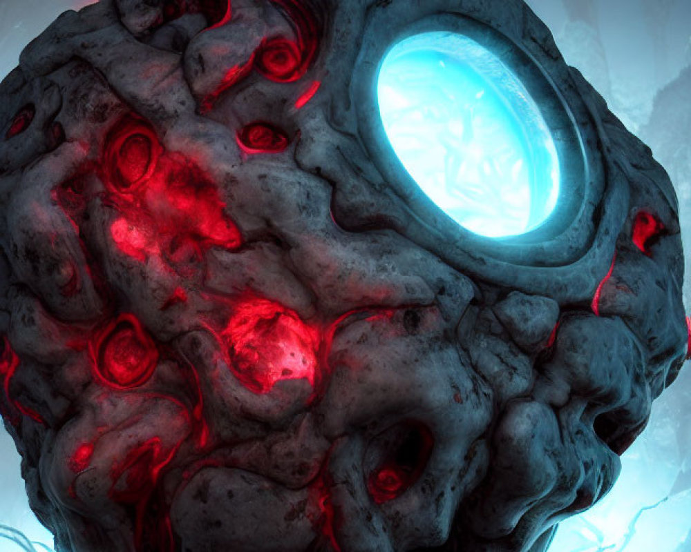 Glowing blue portal in massive floating stone with red crevices