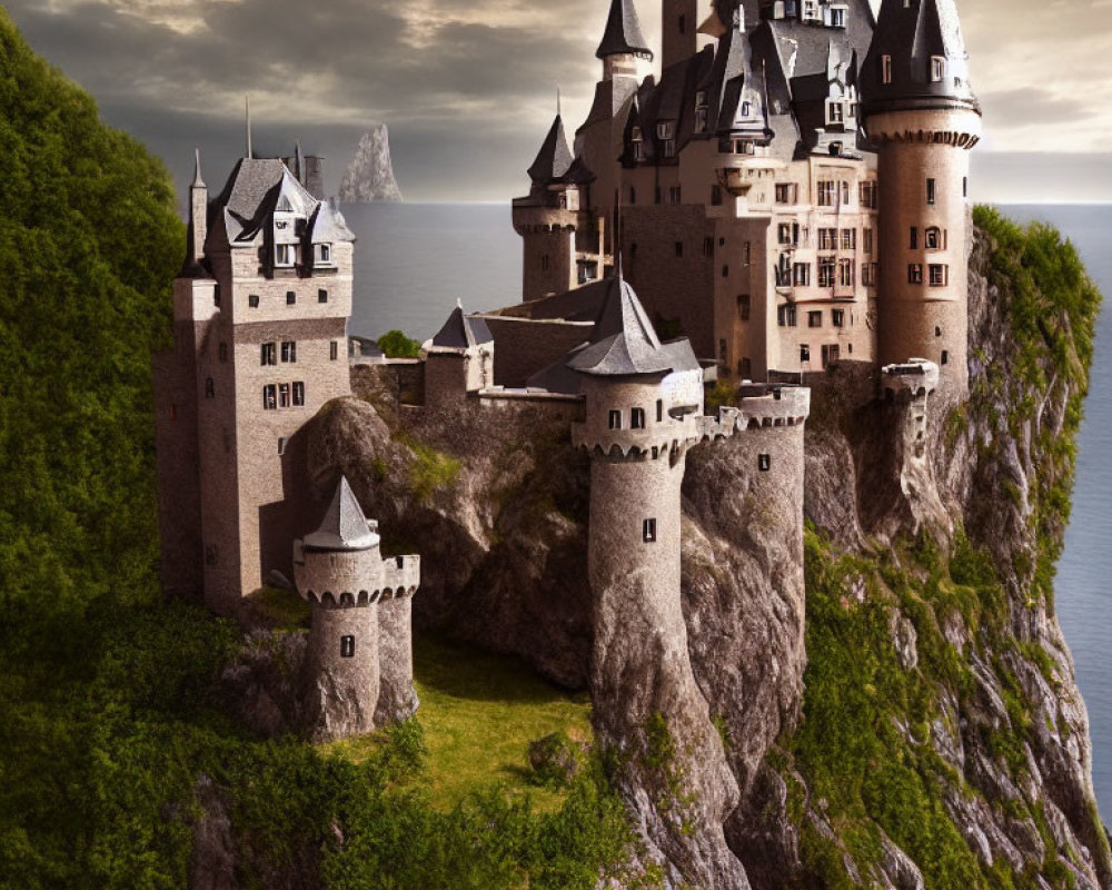 Medieval castle on cliff with towers and sea view among greenery