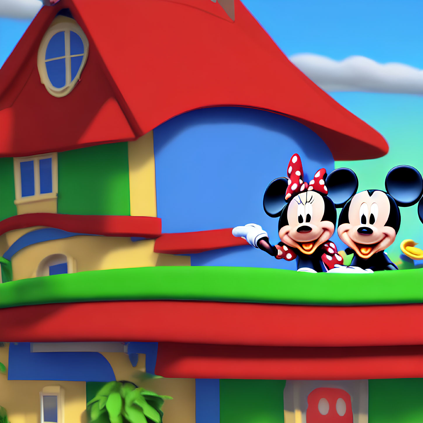 Colorful house with red roof: Animated characters in front under clear sky