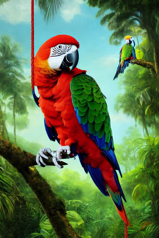 Colorful Macaws Perched in Lush Jungle