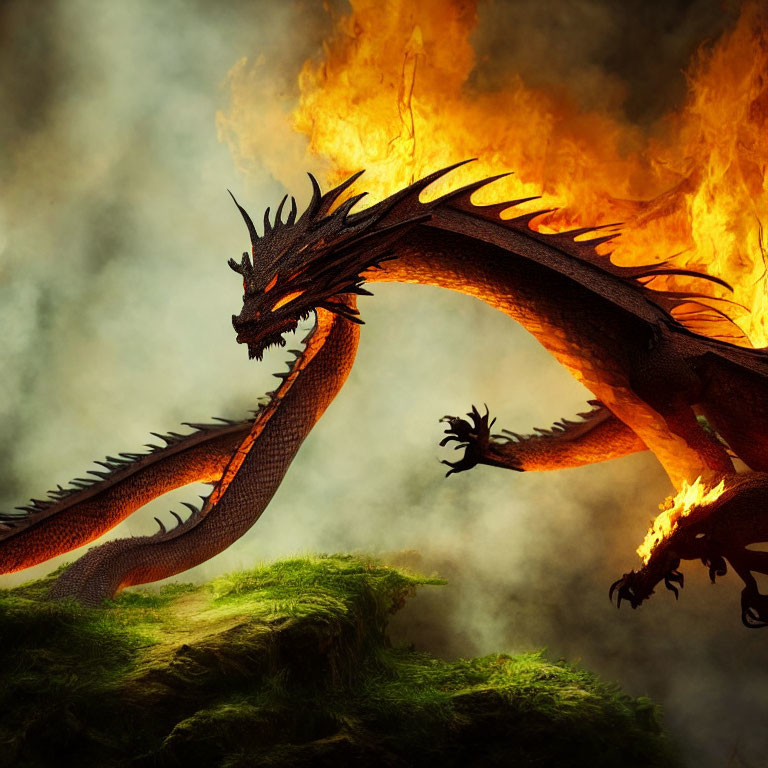 Orange-flamed dragon on mossy terrain with smoky backdrop