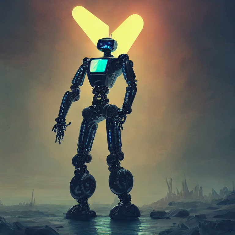 Glowing yellow-headed humanoid robot in desolate landscape at dusk