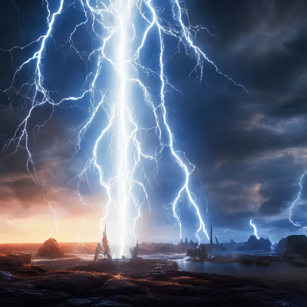 Person on Rocky Beach Observing Intense Lightning Strikes