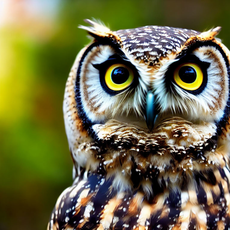 Detailed Close-Up of Intense-Eyed Owl with Brown and White Plumage