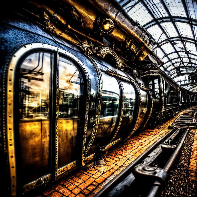 Vintage Train with Golden Hues and Curved Windows Under Arched Glass Ceiling