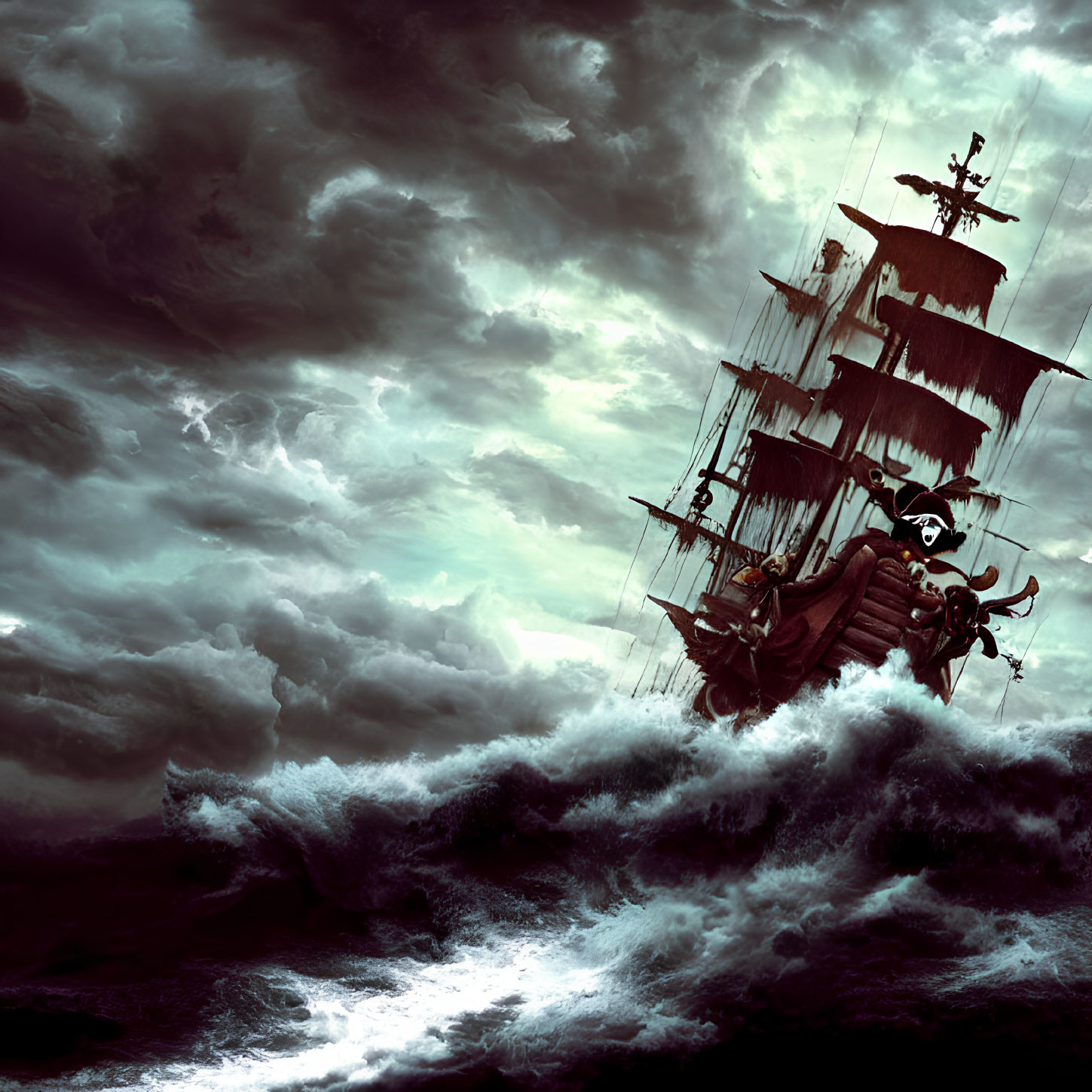 Ghostly pirate ship emerges from stormy seas under dark sky