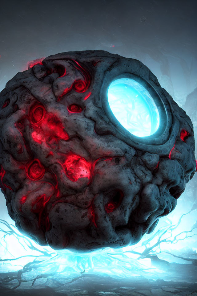 Glowing blue portal in massive floating stone with red crevices