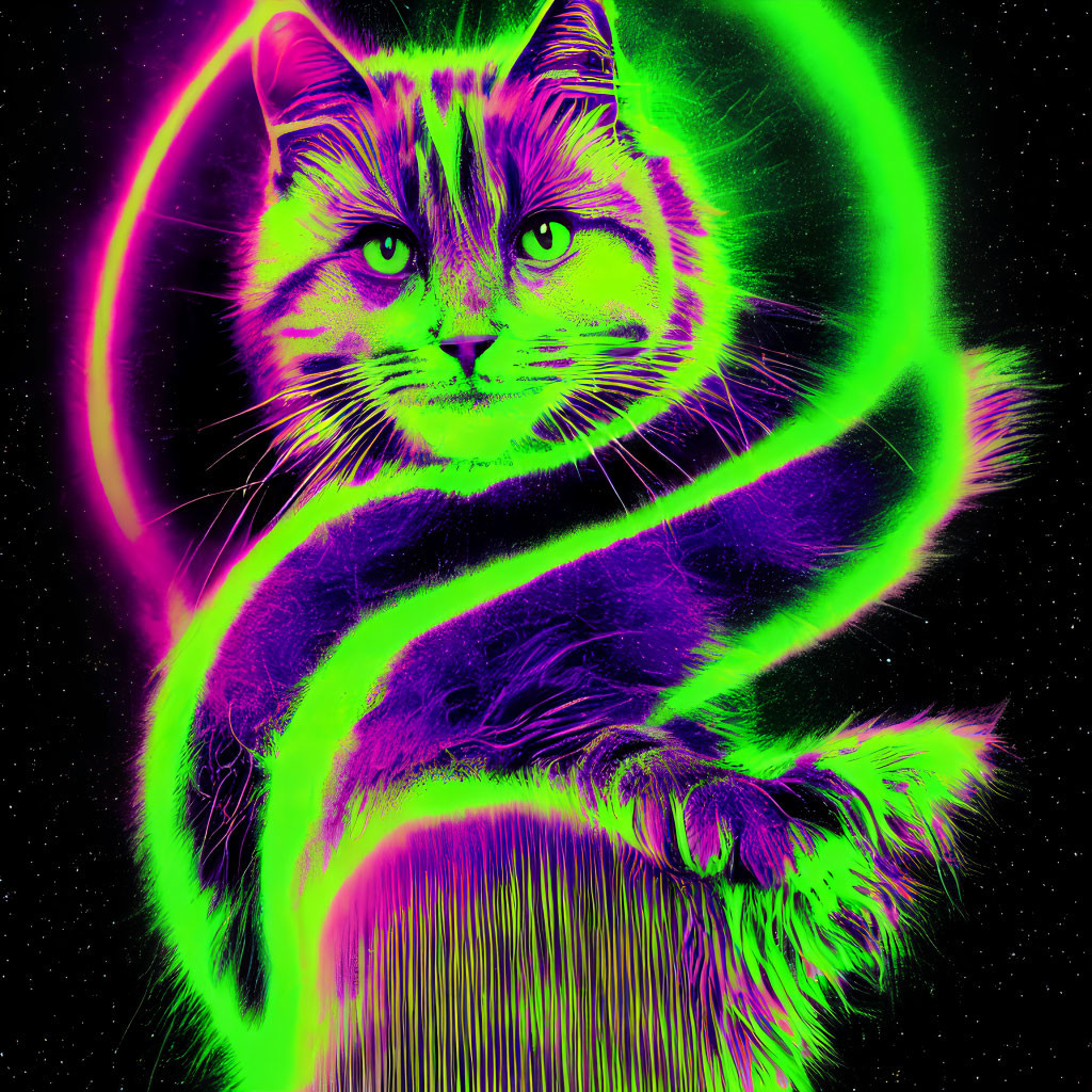 Colorful Neon Cat Artwork on Starry Background