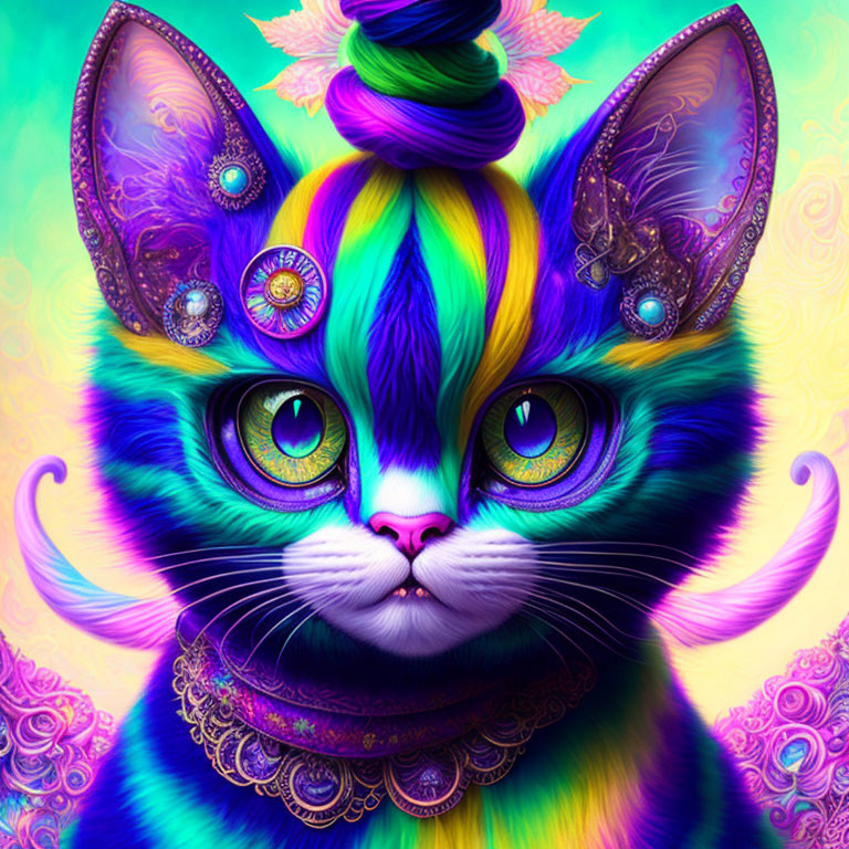 Colorful digital artwork featuring a jeweled cat with multicolored fur