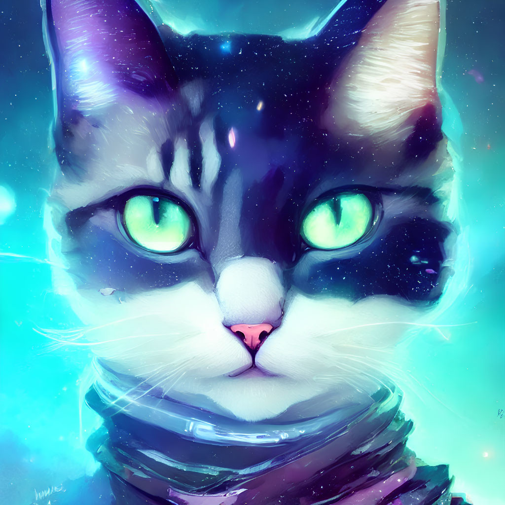 Whimsical cat portrait with green eyes in luminous starry setting