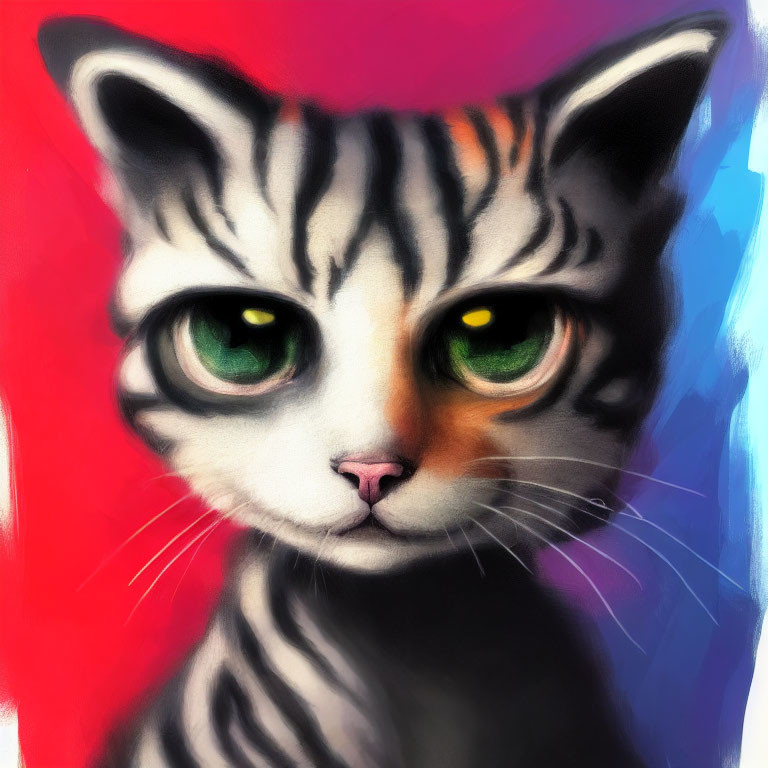 Colorful Cat Portrait with Expressive Green Eyes and Striped Fur