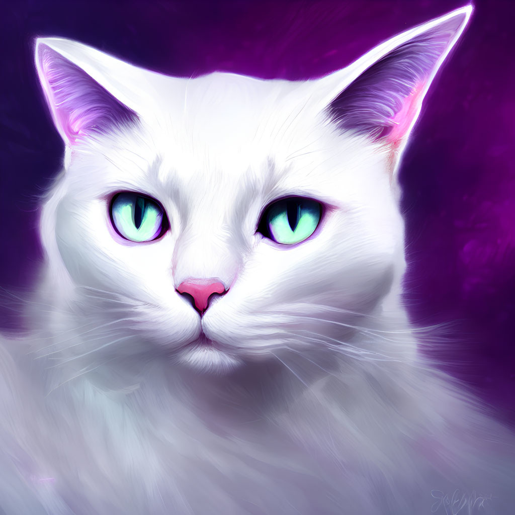 White Cat with Green Eyes on Vibrant Purple Background