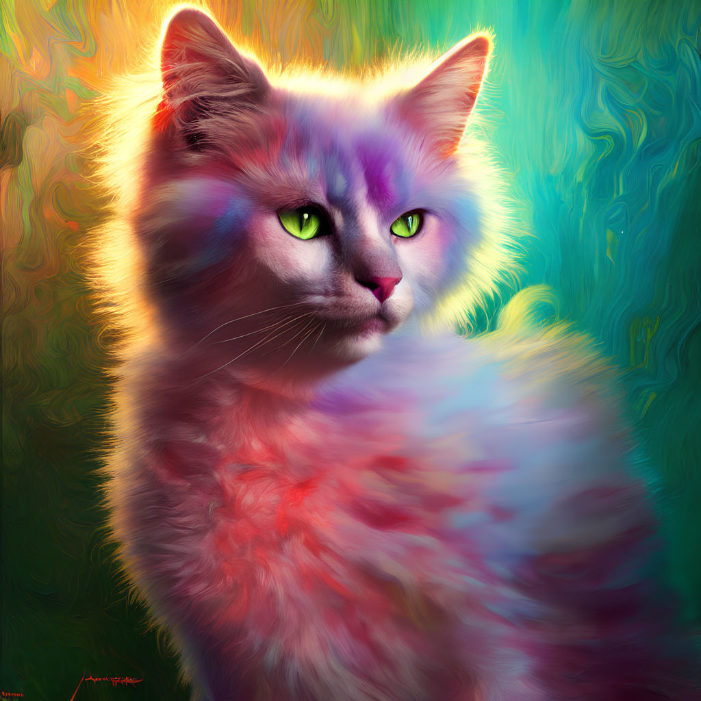 Colorful Digital Artwork: Cat with Purple and Red Fur on Rainbow Background