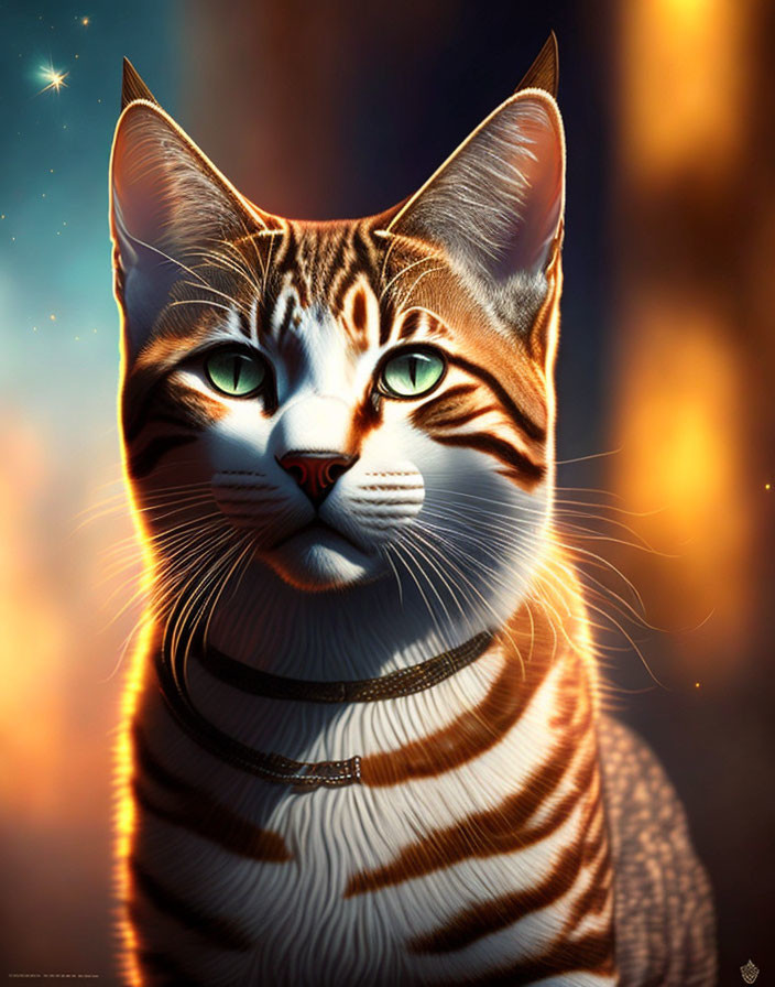 Tabby cat digital artwork with green eyes on dark mystical background