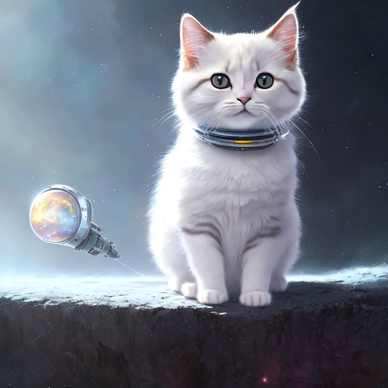 White Cat with Futuristic Collar Beside Hovering Robot in Cosmic Scene