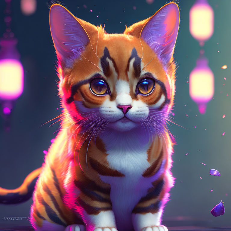 Orange Tabby Kitten Surrounded by Lanterns and Sparkles in Dreamy Purple Ambiance