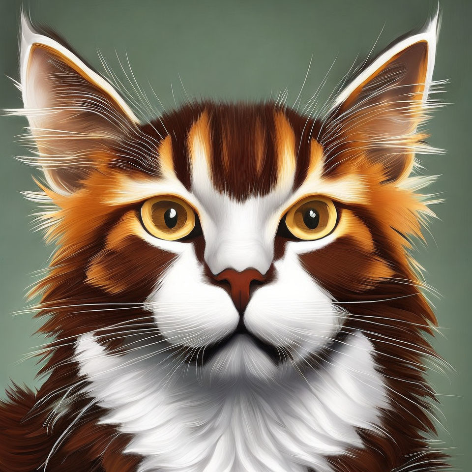 Detailed digital artwork of orange and white cat with amber eyes on green backdrop