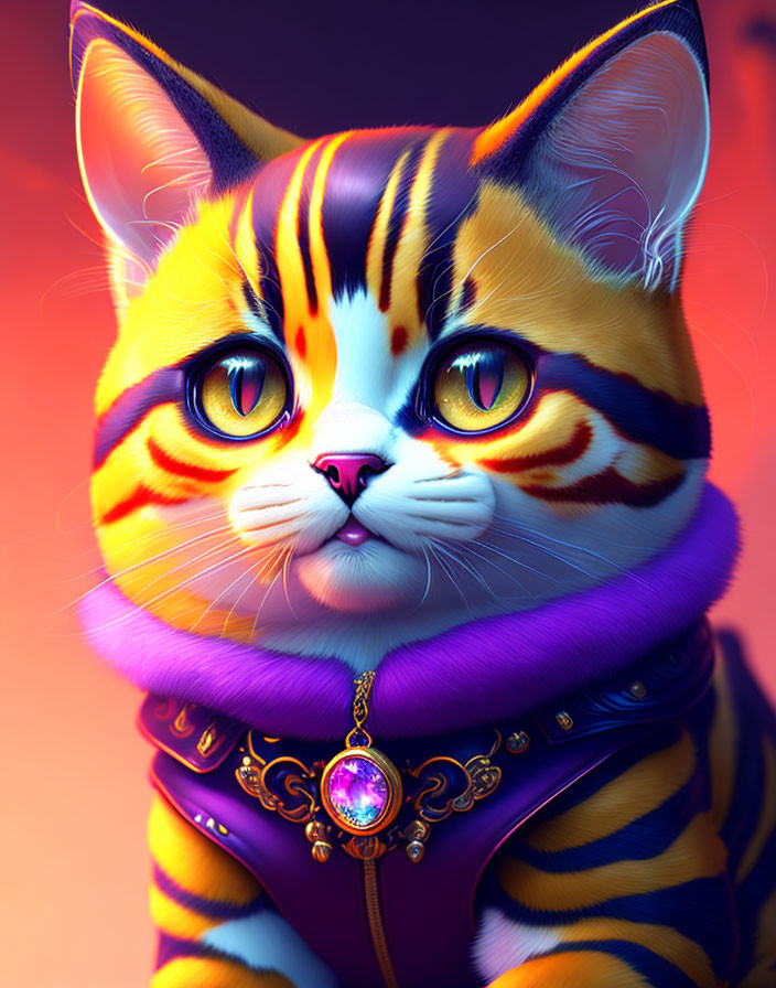 Colorful digital art: Cat with tiger stripes, green eyes, purple jacket.