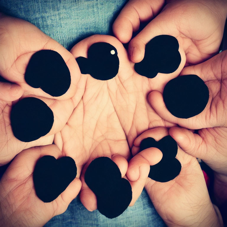 Hands forming heart shape with black paper hearts and white dot