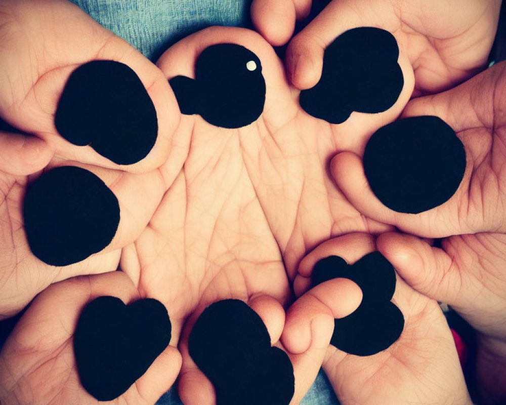 Hands forming heart shape with black paper hearts and white dot