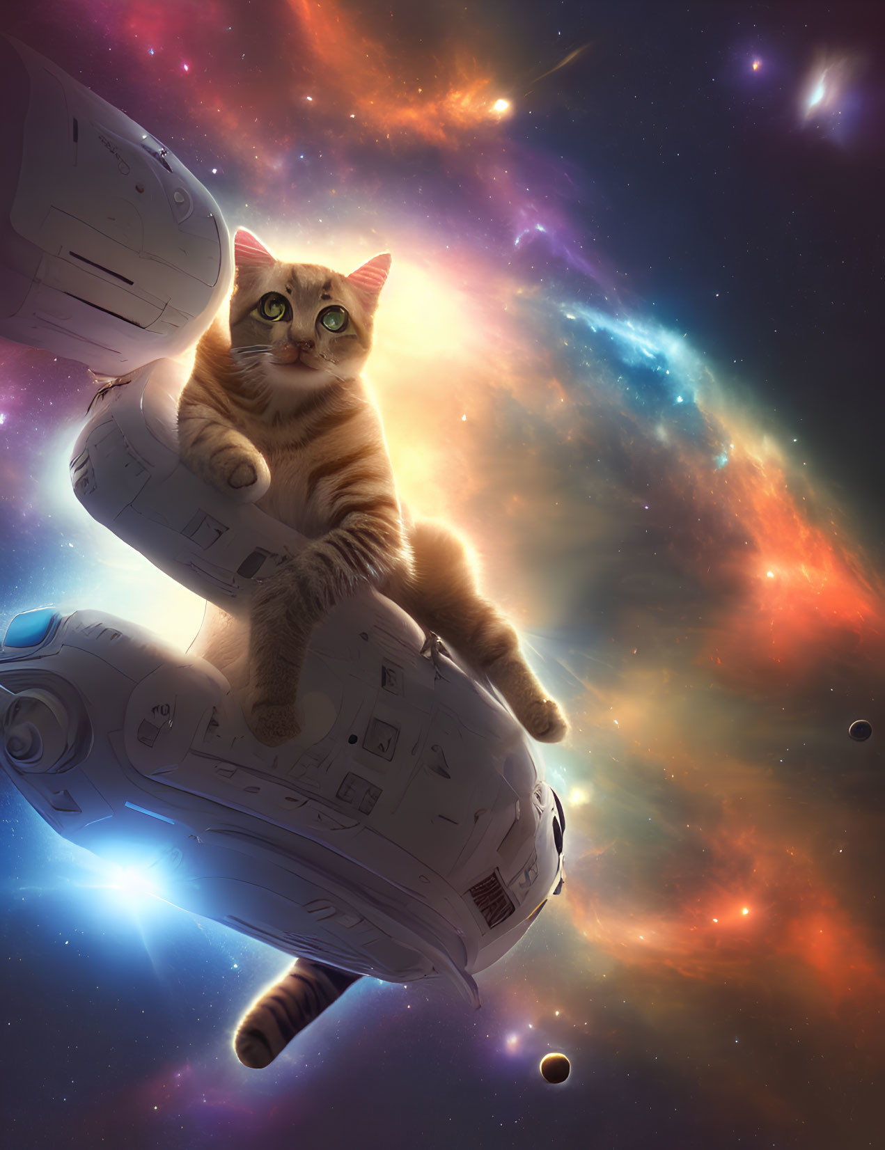 Tabby Cat with Striking Eyes on Futuristic Space Vehicle in Cosmic Setting