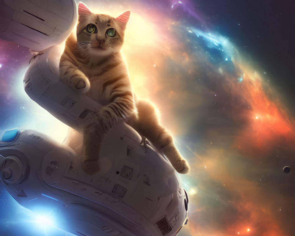 Tabby Cat with Striking Eyes on Futuristic Space Vehicle in Cosmic Setting