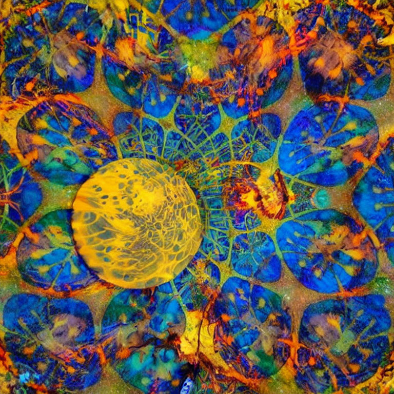 Colorful Abstract Artwork with Yellow Center and Blue & Orange Fractal Patterns