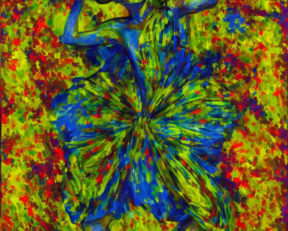 Colorful Abstract Painting: Figure with Flowery Dress on Red and Green Background