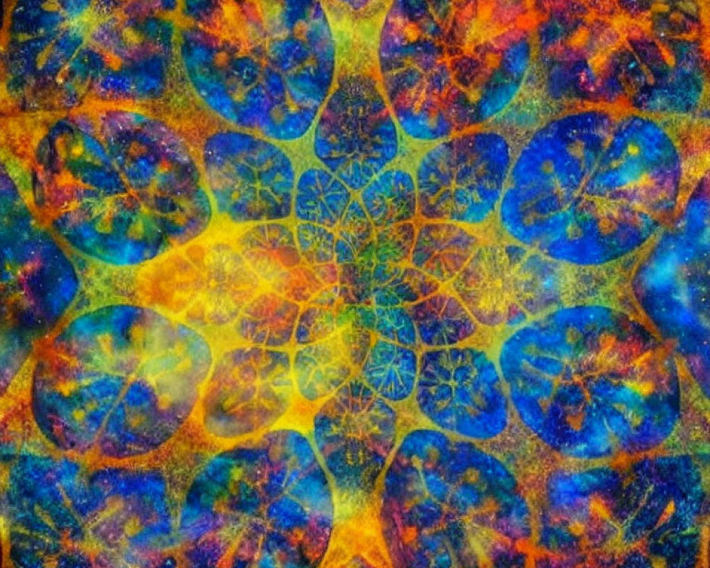 Colorful Mandala with Intricate Patterns in Blue, Orange, and Yellow