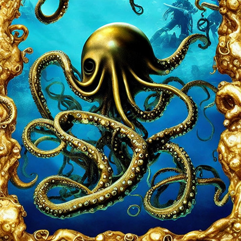 Black octopus with long tentacles in underwater scene with gold formations and sunken ship.