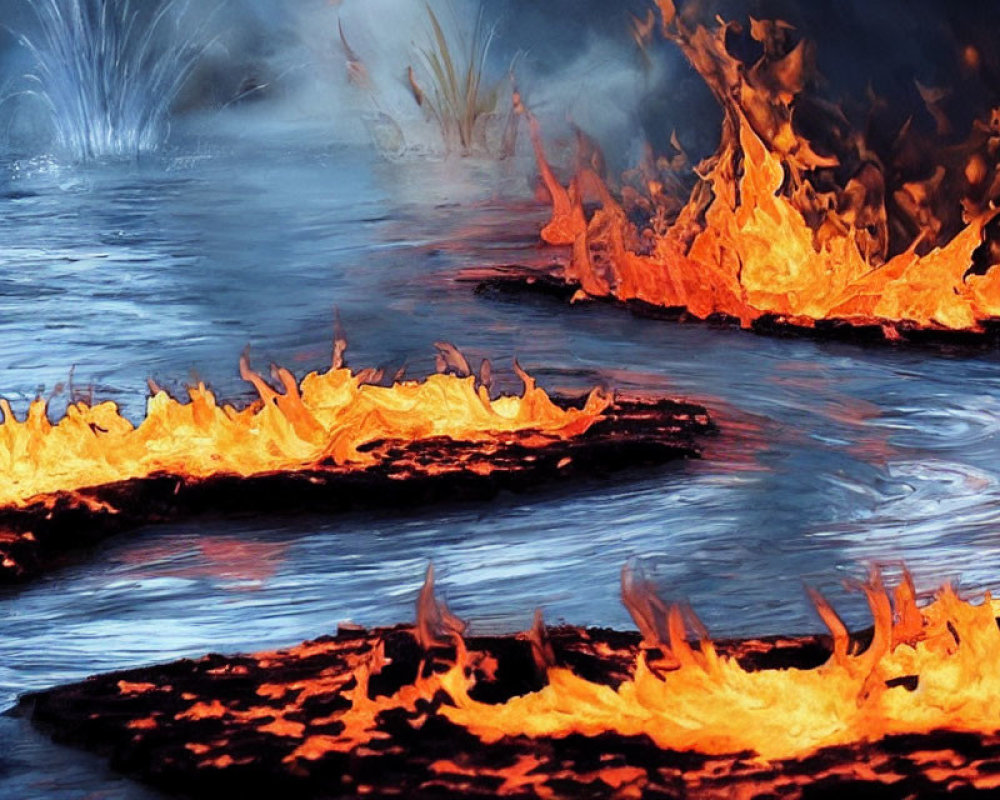 Dark Surfaces Engulfed by Scorching Flames and Water Splashes