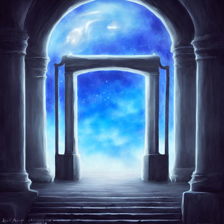 Ethereal portal framed by stone pillars and arches in starry universe