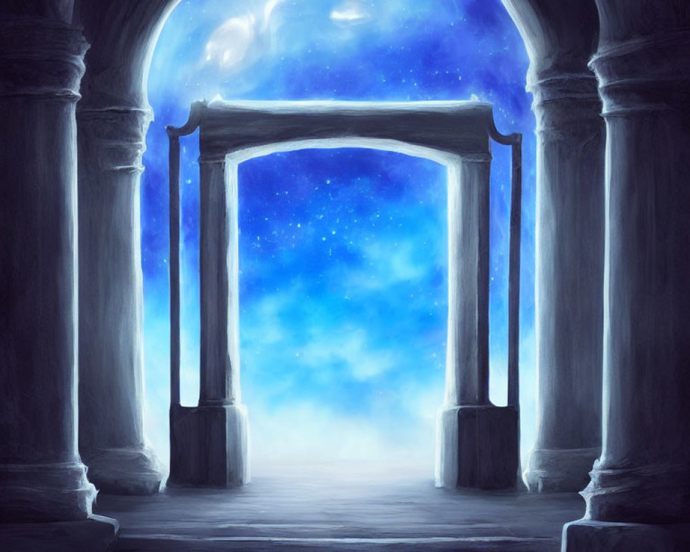 Ethereal portal framed by stone pillars and arches in starry universe