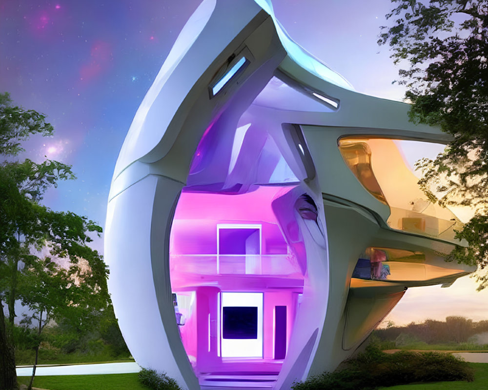 Futuristic organic building glowing pink under twilight sky