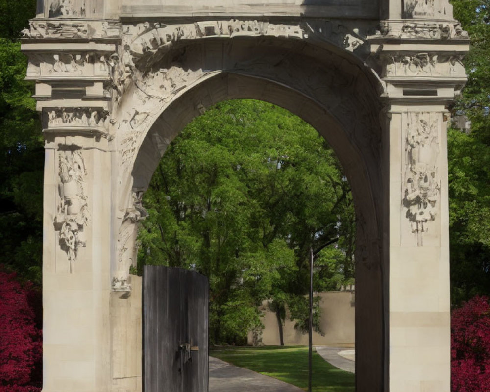 Intricate stone arch and black wooden gate in lush garden