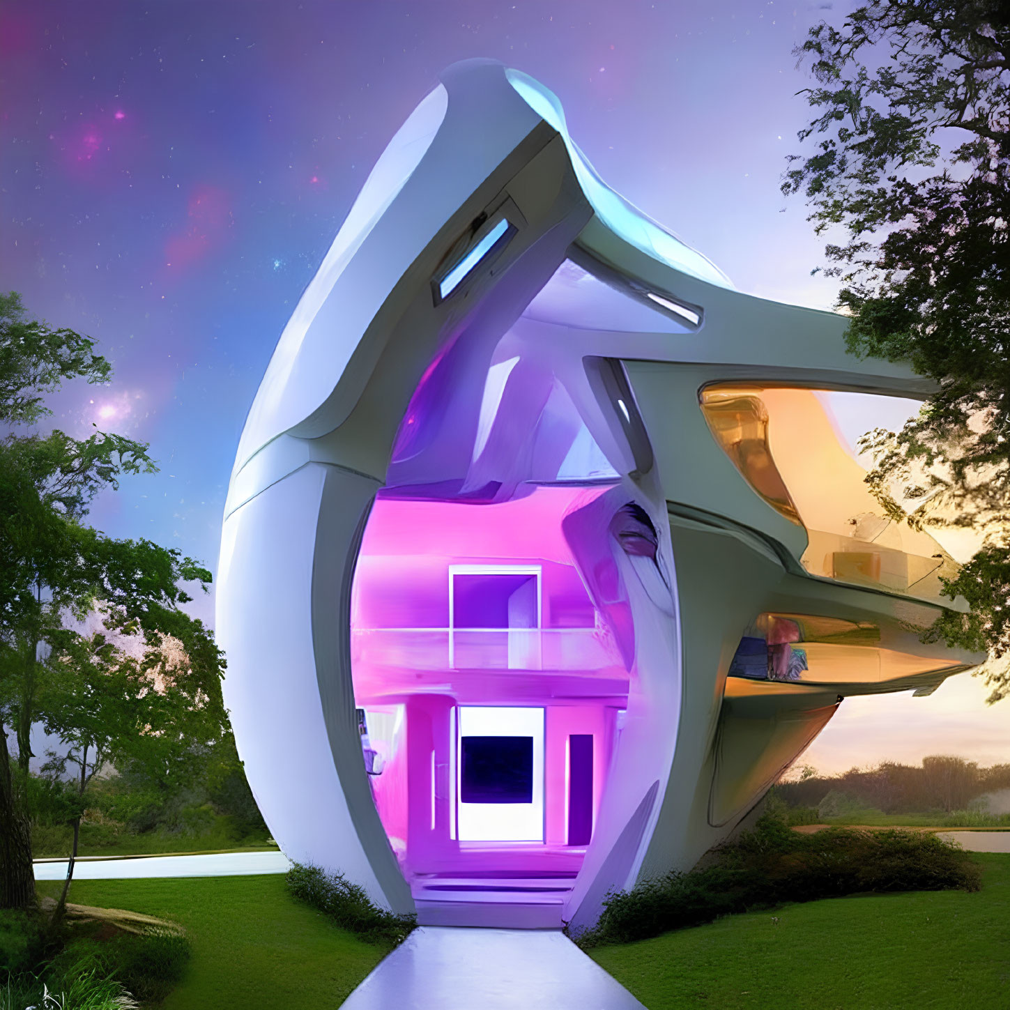 Futuristic organic building glowing pink under twilight sky