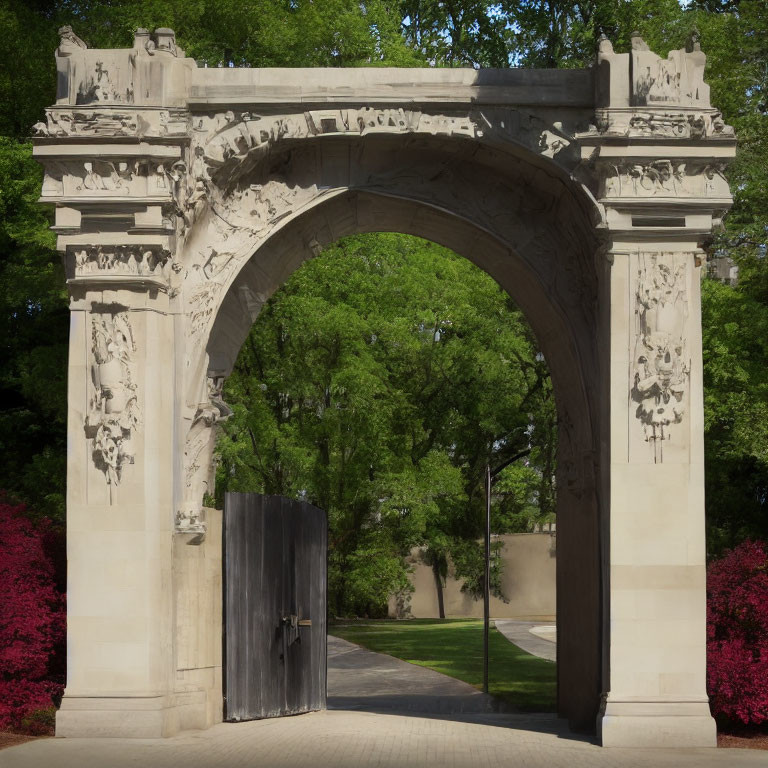 Intricate stone arch and black wooden gate in lush garden