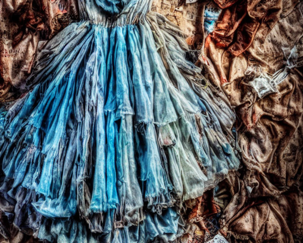 Vintage Blue Dress with Frayed Edges on Crumpled Brown Paper Background