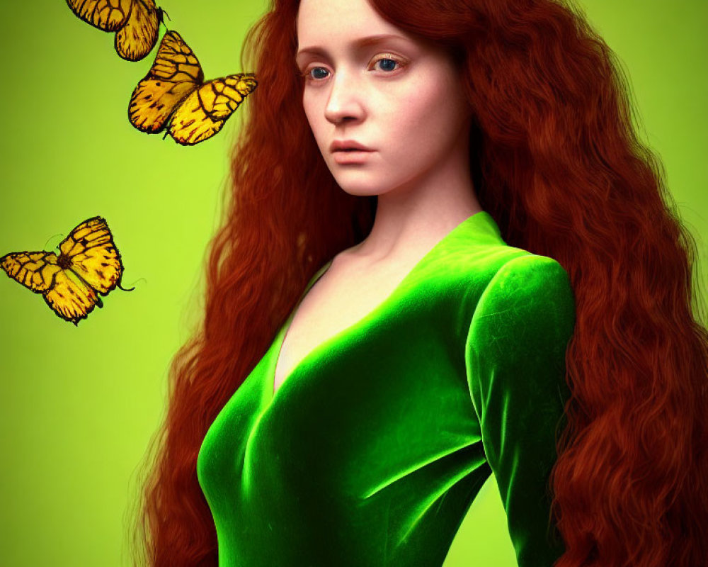 Digital artwork: Woman with long red hair, green dress, yellow butterflies, green background