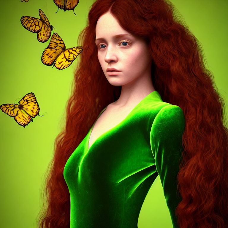 Digital artwork: Woman with long red hair, green dress, yellow butterflies, green background