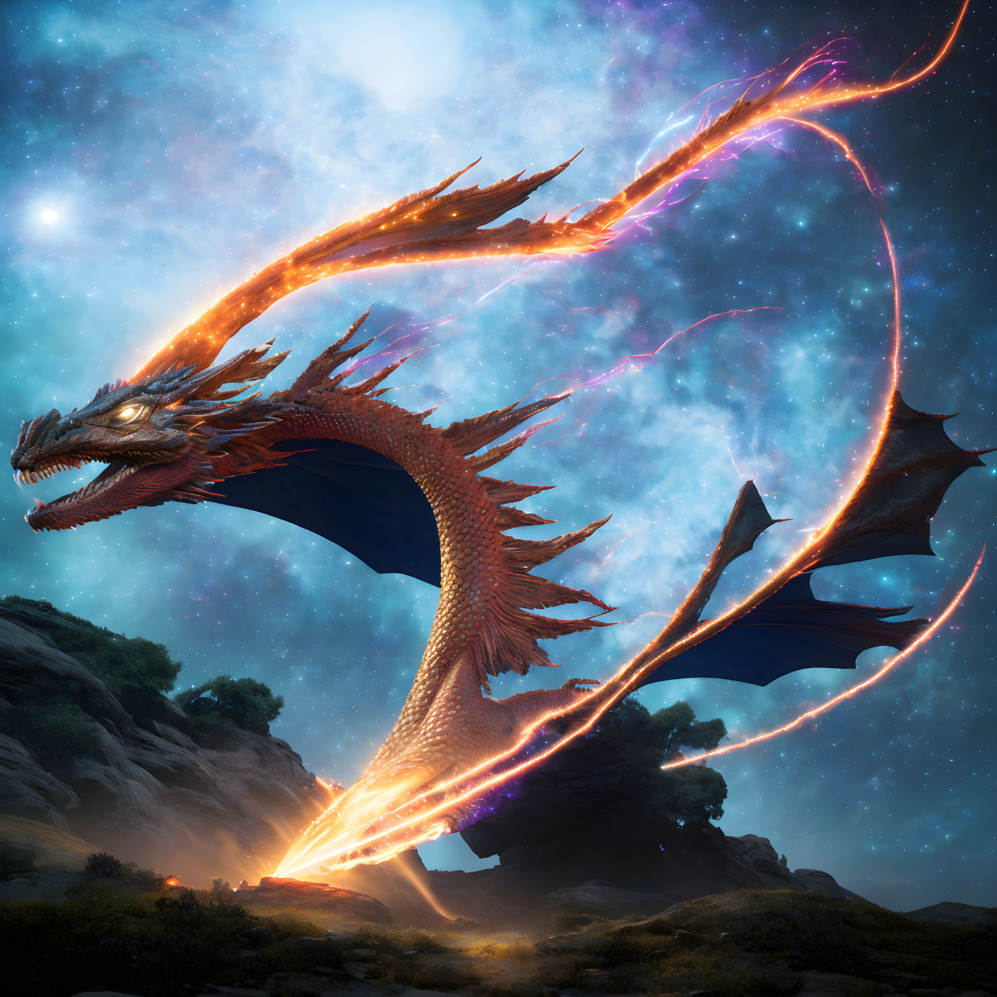 Majestic dragon breathing fire under starry sky