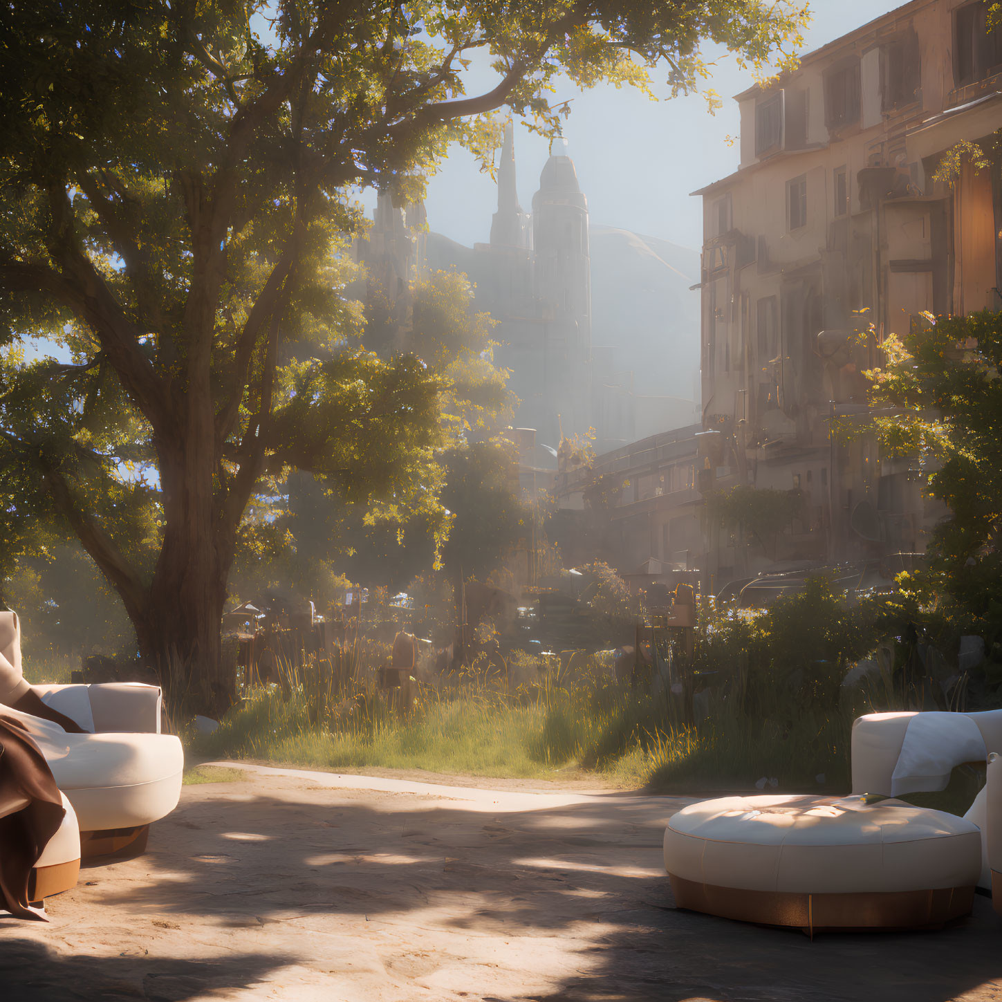 Tranquil street with modern white sofas near classic European buildings