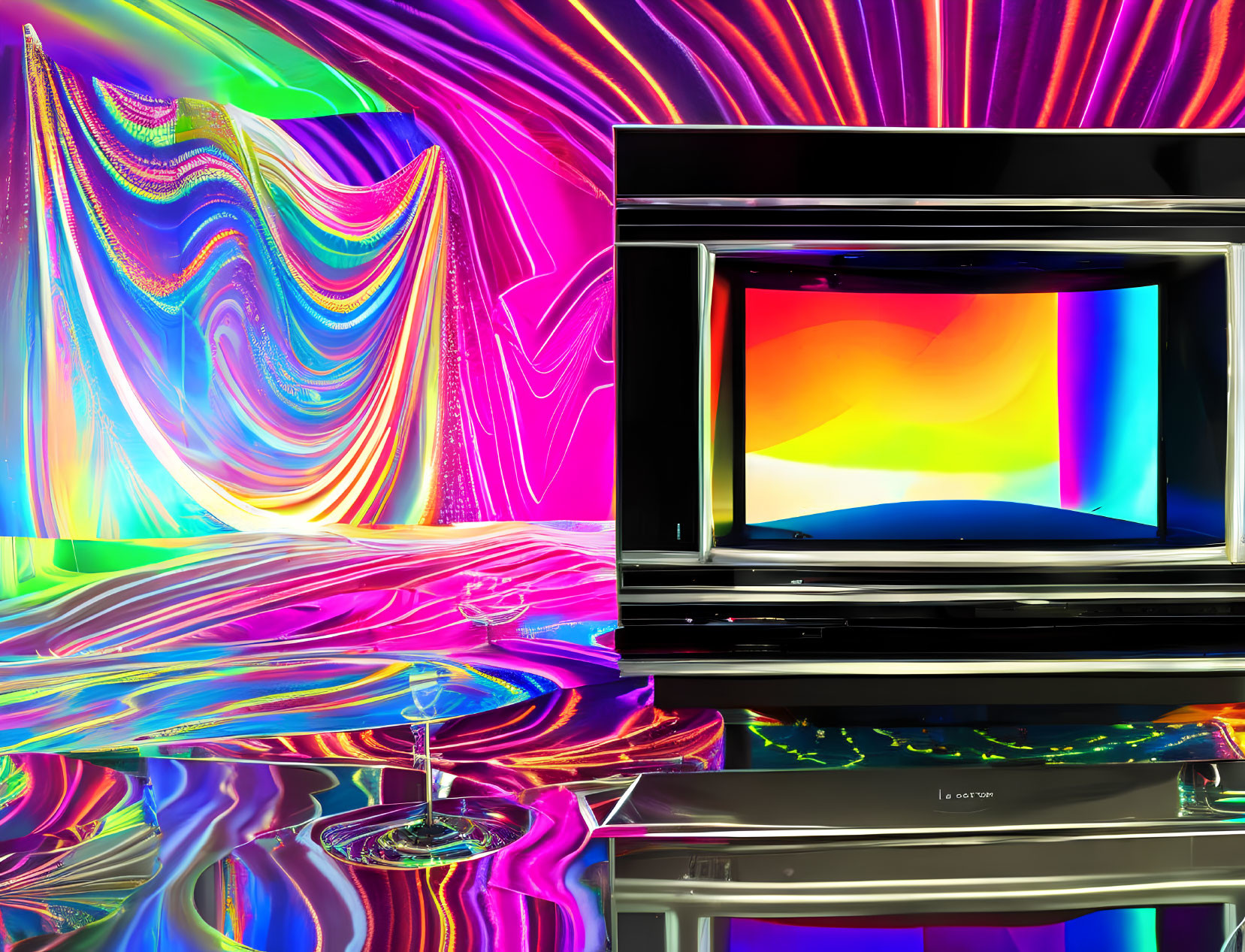 Vintage television with colorful gradient on psychedelic backdrop