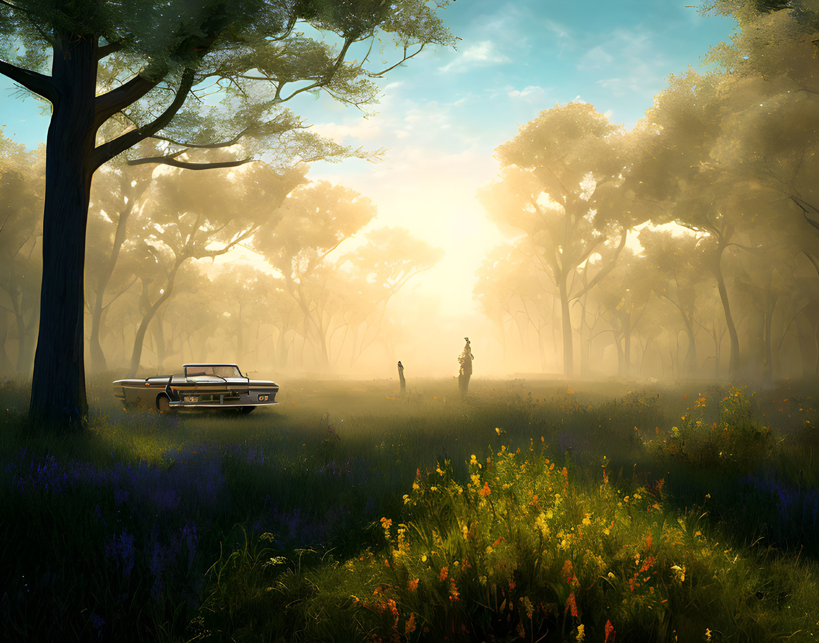 Vintage Car Parked in Sunlit Forest Clearing with Person and Wildflowers