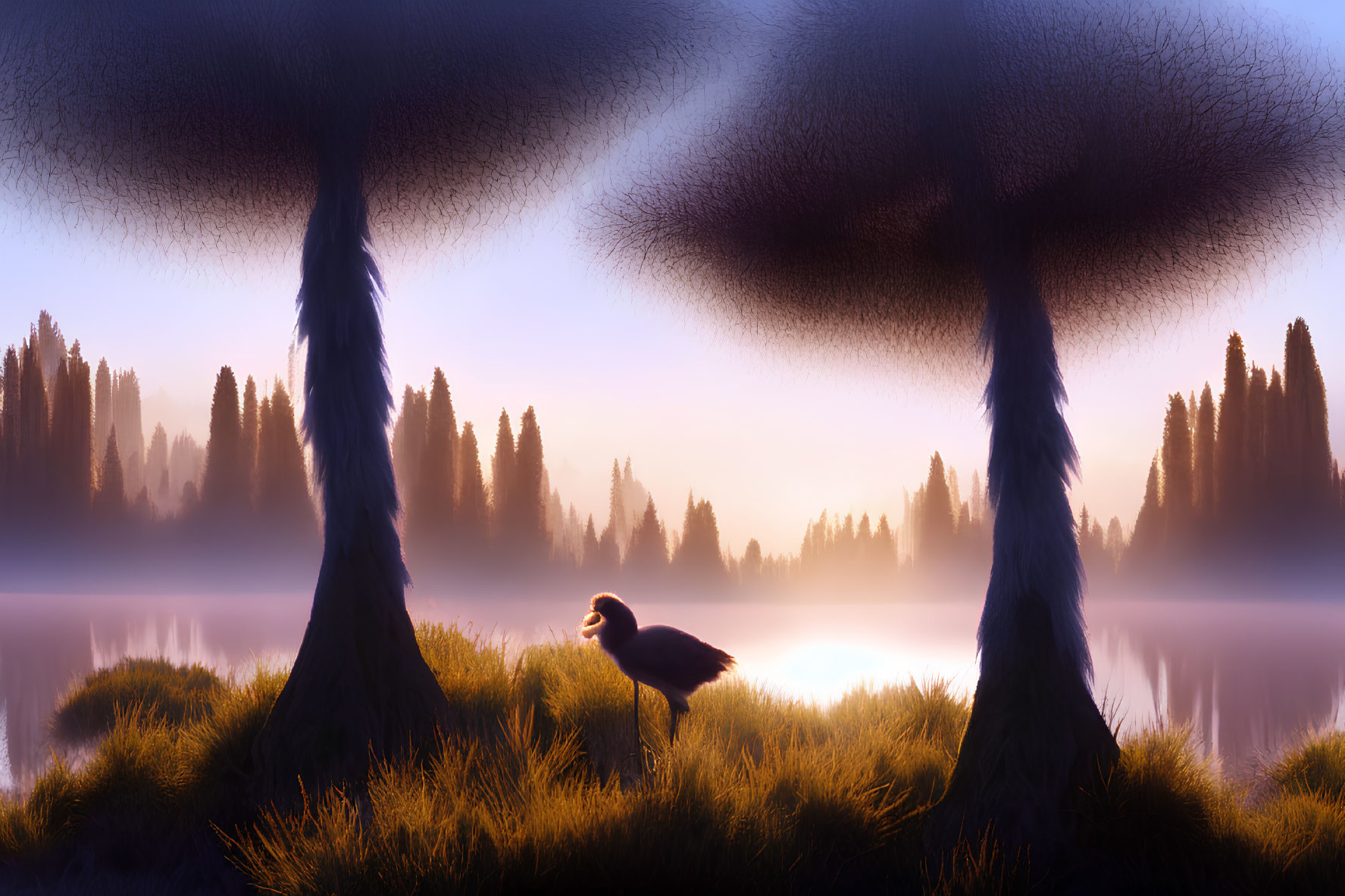 Surreal landscape with two trees, bird, and misty background at sunrise or sunset