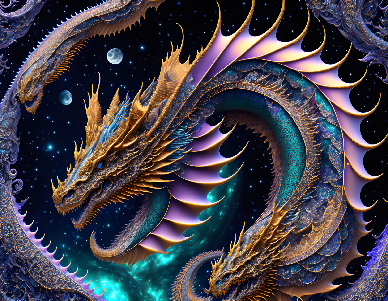 Golden dragon with celestial patterns in cosmos